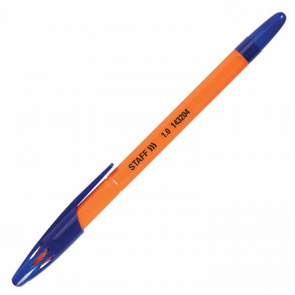 Ручка шариковая масляная STAFF Х-100, СИНЯЯ, корпус оранжевый, узел 1мм, линия письма 0,7мм, 143204