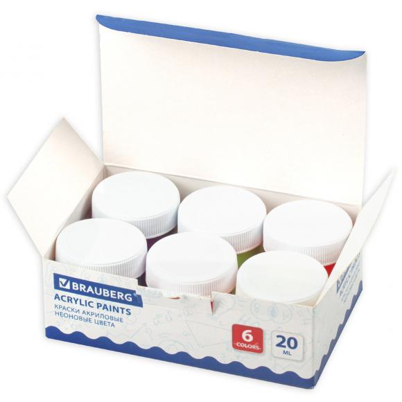 Краски акриловые НЕОНОВЫЕ для рисования и хобби BRAUBERG 6 цветов по 20 мл