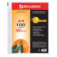 Папки-файлы перфорированные, А4, BRAUBERG, комплект 100 шт., матовые, 30 мкм