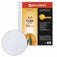 Папки-файлы перфорированные, А4, BRAUBERG, комплект 100 шт., матовые, 30 мкм
