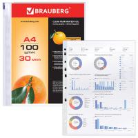Папки-файлы перфорированные, А4, BRAUBERG, комплект 100 шт., матовые, 30 мкм