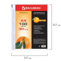 Папки-файлы перфорированные, А4, BRAUBERG, комплект 100 шт., матовые, 30 мкм