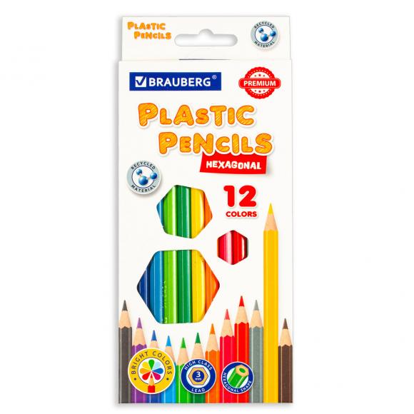 Карандаши цветные пластиковые BRAUBERG PREMIUM, 12 цветов, шестигранные, грифель мягкий 3 мм