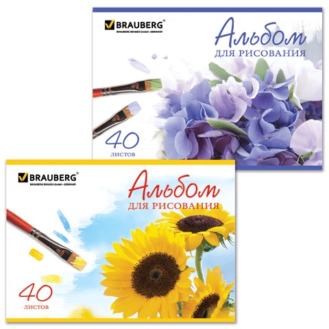 Альбом для рисования, А4, 40 листов, скоба, обложка картон, BRAUBERG, 200х283 мм, "Цветы" (2 вида)