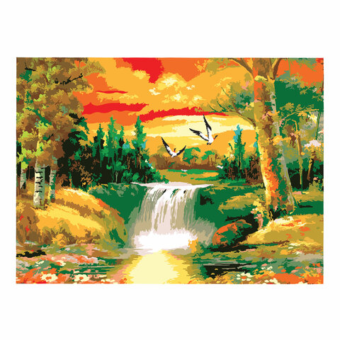 Картина по номерам А3, ОСТРОВ СОКРОВИЩ "Водопад", акриловые краски, картон, 2 кисти