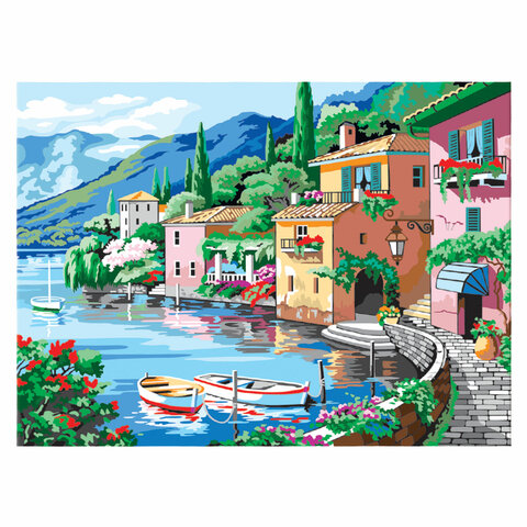 Картина по номерам А3, ОСТРОВ СОКРОВИЩ "Город в Италии", акриловые краски, картон, 2 кисти