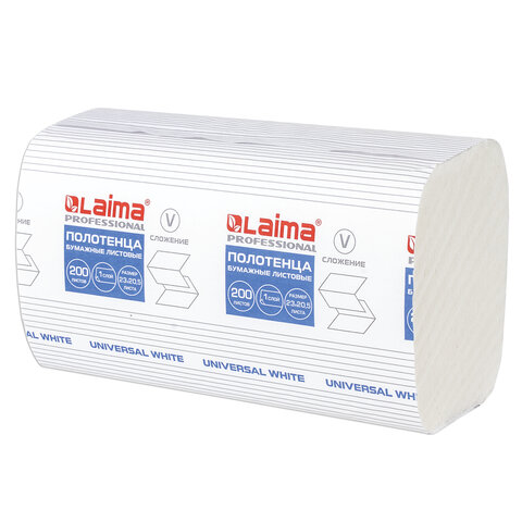 Полотенца бумажные 200 шт., LAIMA (H3) UNIVERSAL WHITE, 1-слойные, белые, 23x20,5, V-сложение