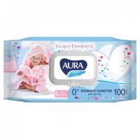 Салфетки влажные КОМПЛЕКТ 100 шт., для детей AURA "Ultra comfort", гипоаллергенные, без спирта, крышка-клапан