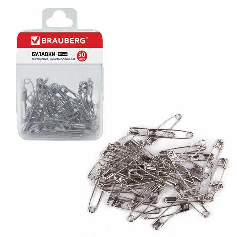 Булавки английские BRAUBERG, 32 мм, никелированные, 50 шт., в пластиковой коробке