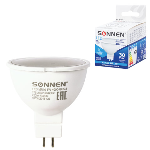 Лампа светодиодная SONNEN, 5 (40) Вт, цоколь GU5.3, холодный белый свет, 30000 ч, LED MR16-5W-4000-GU5.3