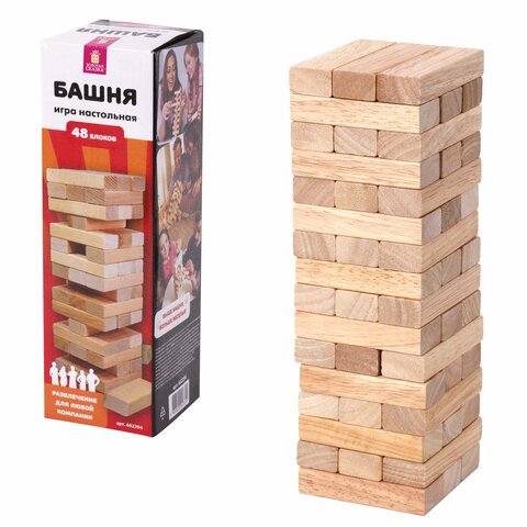 Игра настольная "БАШНЯ", 48 деревянных блоков, ЗОЛОТАЯ СКАЗКА