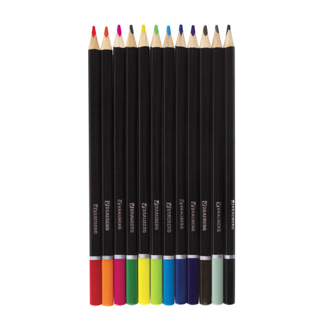 Карандаши цветные BRAUBERG "Artist line", 12 цветов, трехгранные, черный корпус, высшее качество
