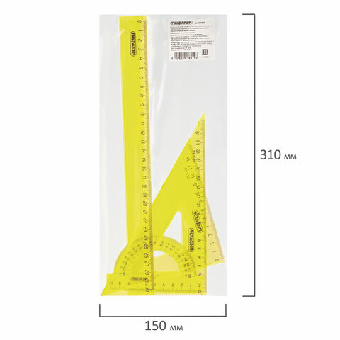 Набор чертежный большой ПИФАГОР (линейка 30 см, 2 треугольника, транспортир), прозрачный, неоновый