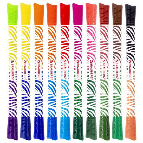 Фломастеры двусторонние утолщенные BRAUBERG "PREMIUM" "BI-COLOR", 10 шт., 20 цветов, двухцветные, вентилируемый колпачок