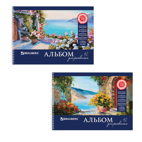 Альбом для рисования, А4, 40 листов, гребень, обложка картон, BRAUBERG, 205х290 мм, "Пейзаж с цветами"