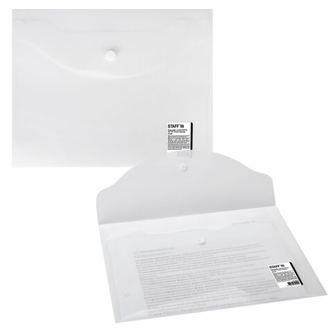 Папка-конверт с кнопкой МАЛОГО ФОРМАТА (240х190 мм), А5, матовая, прозрачная, 0,15 мм, STAFF, 270463