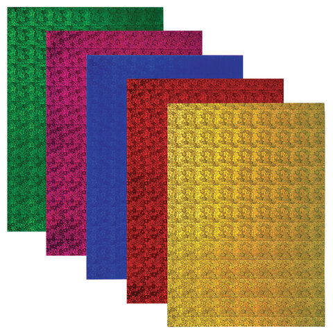 Картон цветной А4 ГОЛОГРАФИЧЕСКИЙ, 5 листов 5 цветов, 230 г/м2, "ЦВЕТЫ", ОСТРОВ СОКРОВИЩ