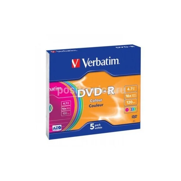 DVD диск Verbatim DVD-R 4,7 Gb, 16x, Slim Case, Color, 5шт/уп