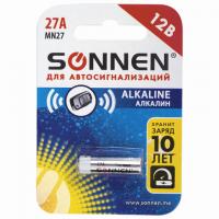 Батарейка SONNEN Alkaline, 27А (MN27), алкалиновая, для сигнализаций, 1 шт.