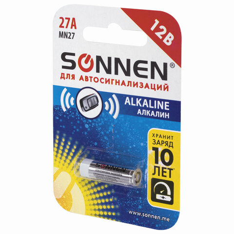 Батарейка SONNEN Alkaline, 27А (MN27), алкалиновая, для сигнализаций, 1 шт.