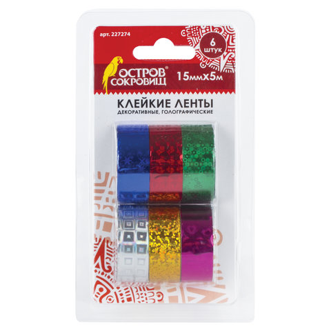 Клейкие ленты (скотч) 15 мм х 5 м, декоративные голографические, ОСТРОВ СОКРОВИЩ, комплект 6 шт.