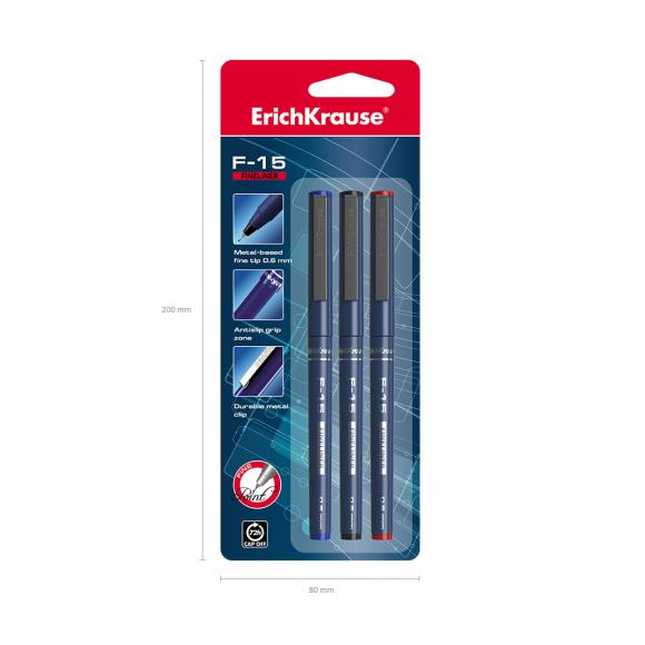 Набор ручек капиллярных ErichKrause F-15 0,6мм, 3 цвета (синяя, чёрная, красная)