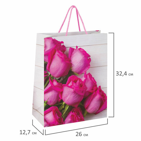 Пакет подарочный 26*12,7*32,4 см, "Розовые розы", ламинированный