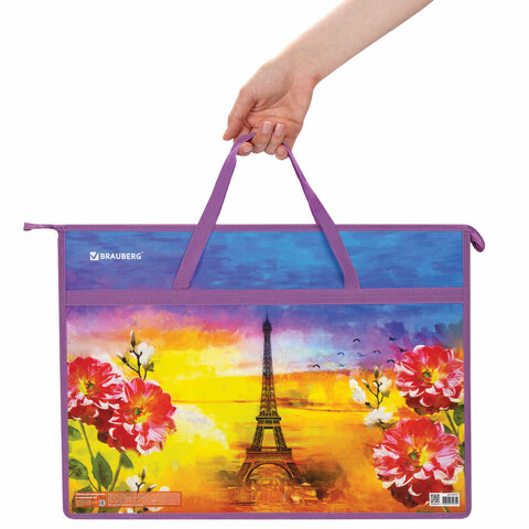 Папка для рисунков и чертежей с ручками BRAUBERG А3, пластик, молния сверху, "Paris"