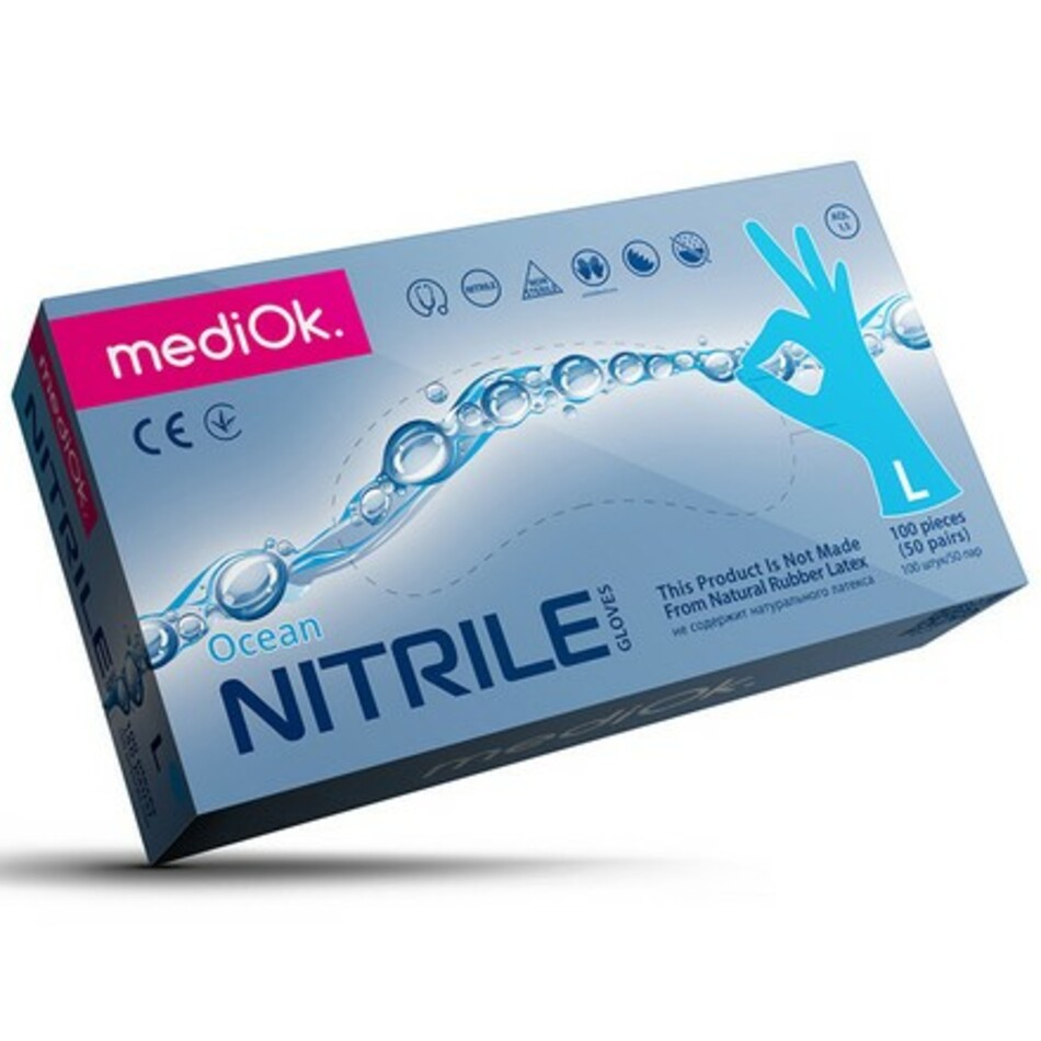 Перчатки нитриловые (неопудренные), MediOK Голубые, 50 пар, Размер L