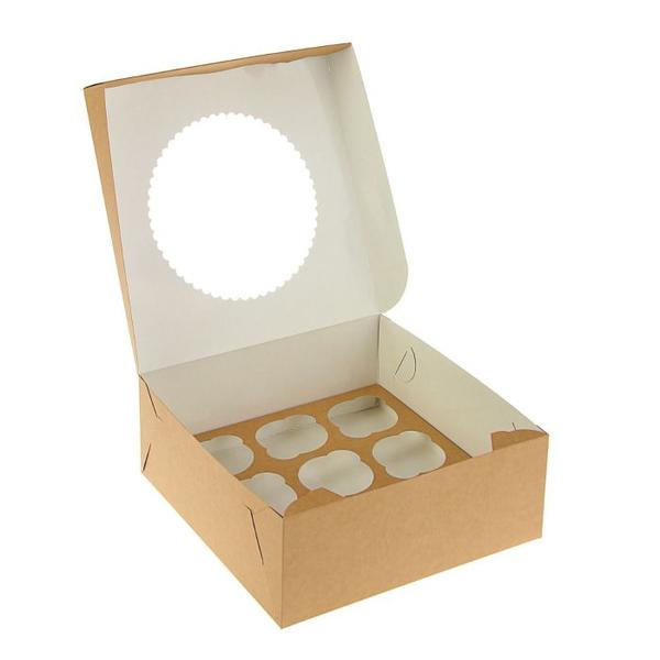 Коробка на 9 капкейков с окном, 2-х сторонняя (белая с ламинацией / крафт)