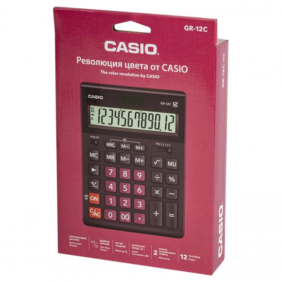 Калькулятор CASIO 12 разрядов, двойное питание, БОРДОВЫЙ, GR-12C-WR-W-EP (210х155 мм)