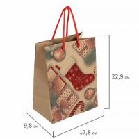 Пакет подарочный новогодний 17,8x9,8x22,9 см ЗОЛОТАЯ СКАЗКА "Christmas Kraft", глиттер, 608235