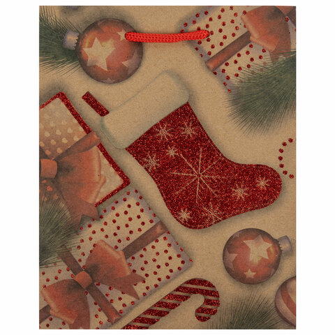 Пакет подарочный новогодний 17,8x9,8x22,9 см ЗОЛОТАЯ СКАЗКА "Christmas Kraft", глиттер, 608235