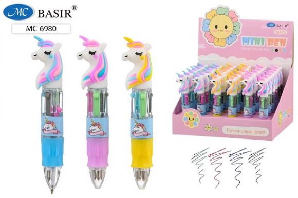 Ручка шариковая детская, 4-х цветная, мини, Единорог 0,5мм Basir