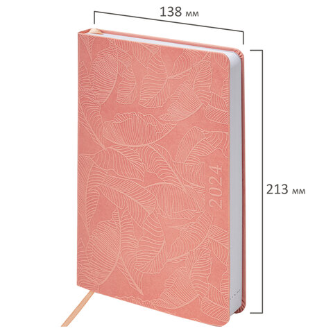 Ежедневник датированный 2024 А5 138x213 мм, BRAUBERG "Foliage", под кожу, коралловый
