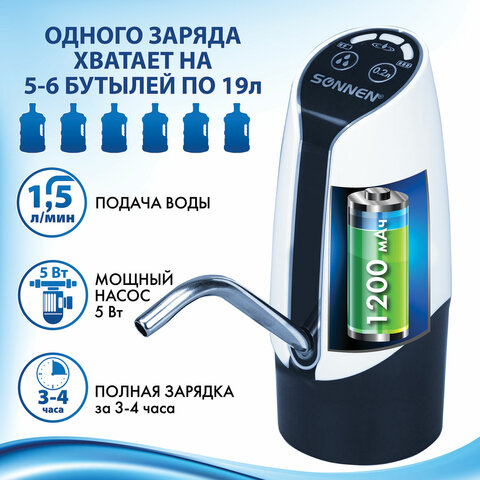 Помпа для воды электрическая SONNEN EWD152W, 1,5 л/мин, 2 РЕЖИМА, АККУМУЛЯТОР, АДАПТЕР, пластик