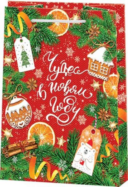 Пакет подарочный бумажный новогодний 18*22*10см 130гр/м "Чудес в Новом году"