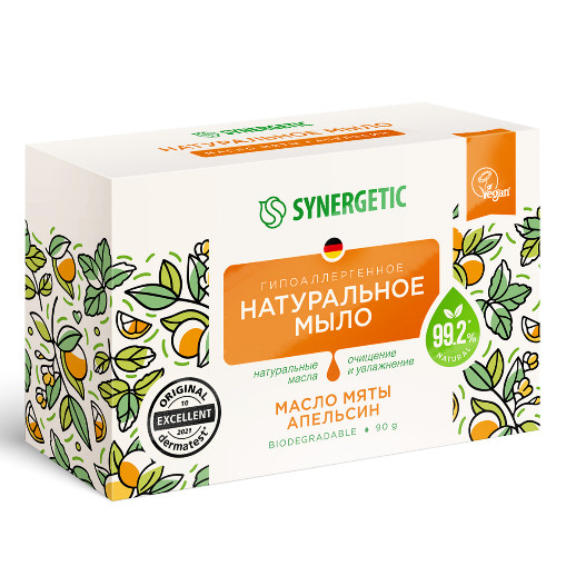 Мыло туалетное Synergetic 90гр,  Масло мяты и апельсин