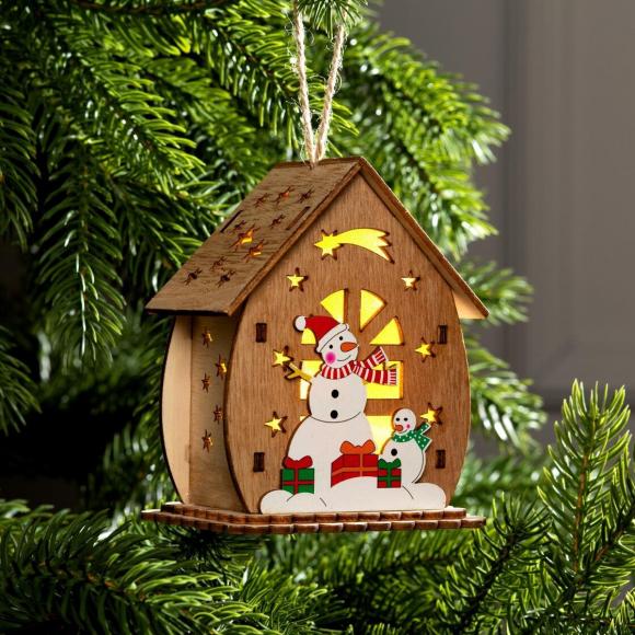 Ёлочная игрушка Домик со снеговиками, от батареек, свечение тёплое