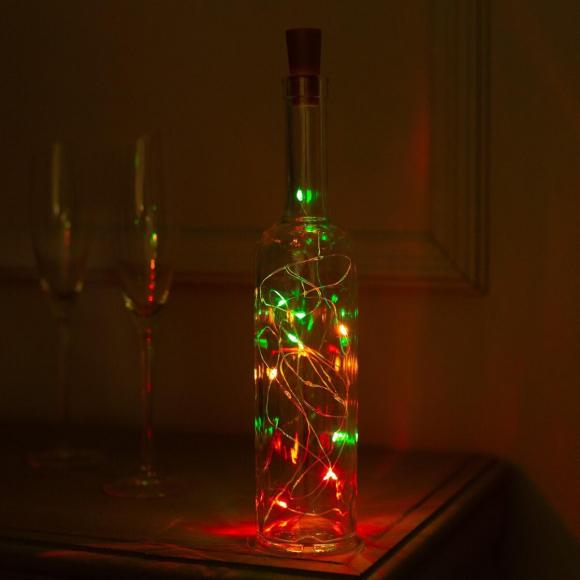 Гирлянда с пробкой серебристая нить 2 метра, IP20,  20 LED, свечение мульти