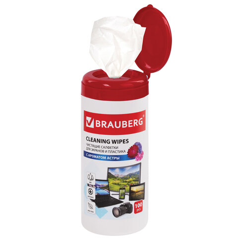 Салфетки для экранов всех типов и пластика BRAUBERG с ароматом "АСТРА", в тубе 100 шт., влажные
