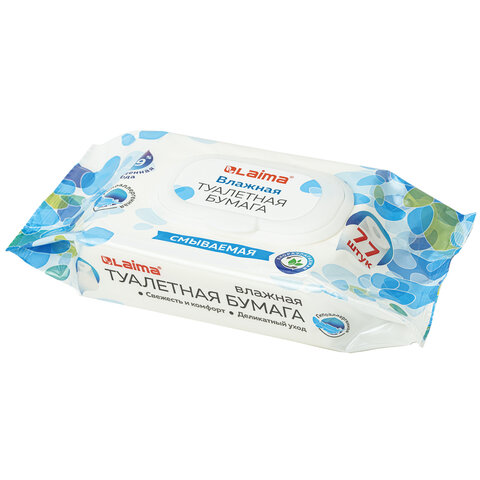 Бумага туалетная влажная 77 шт., БИОРАЗЛАГАЕМАЯ, смываемая, с пластиковым клапаном, LAIMA