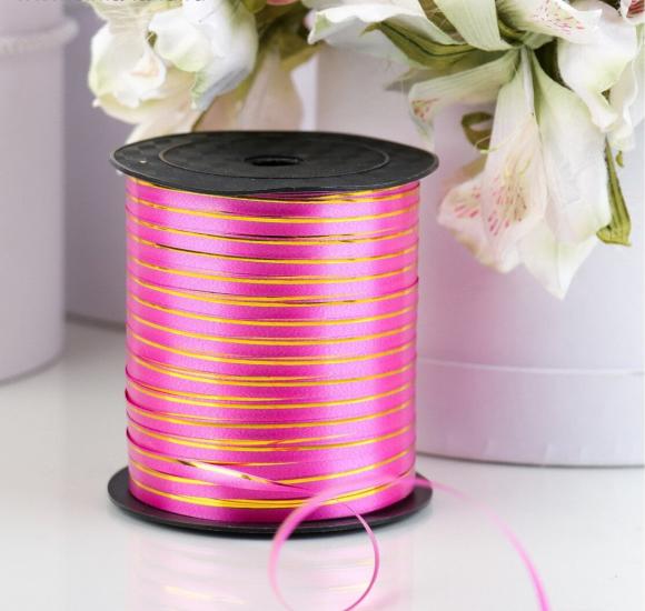 Лента упаковочная подарочная розовая с золотой полосой, 5мм х 225 м, катушка