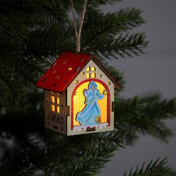 Ёлочная игрушка Домик со Снегурочкой, питание от батареек