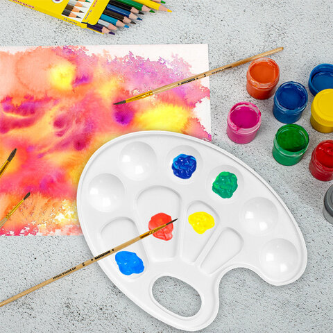 Палитра для рисования, белая, овальная, 10 ячеек (6 ячеек для красок и 4 для смешивания)  ПИФАГОР "ЭНИКИ-БЕНИКИ"