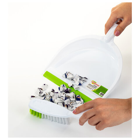 Совок для мусора + щетка, пластик, резиновая кромка, зелено-белый, ЛЮБАША