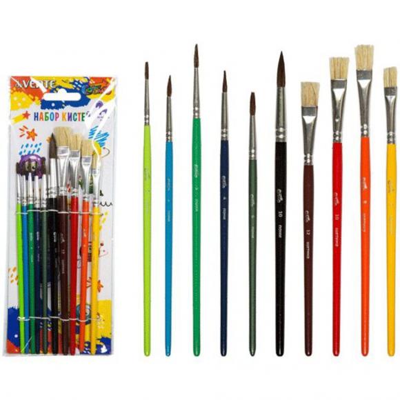 Набор кистей 10 шт. (пони круглые № 1, 2, 3, 4, 6, 10, щетина плоские № 6, 8, 10, 12) deVENTE