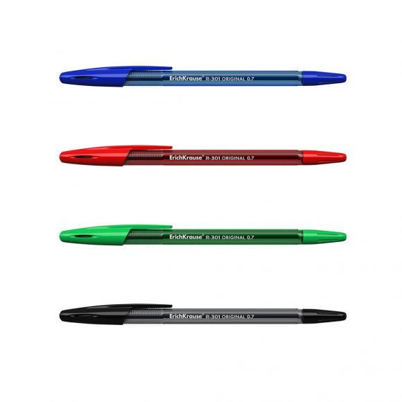 Набор ручек шариковых ErichKrause 4 шт. 0,7мм синий, красный, черный, зеленый, Original Stick R-301