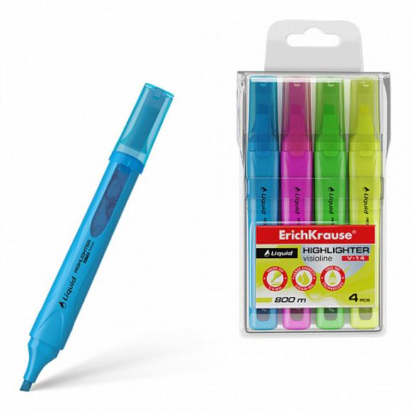 Набор текстовыделителей ErichKrause, Liquid Visioline V-14 Neon 4 цвета (желтый, зеленый, розовый, голубой)