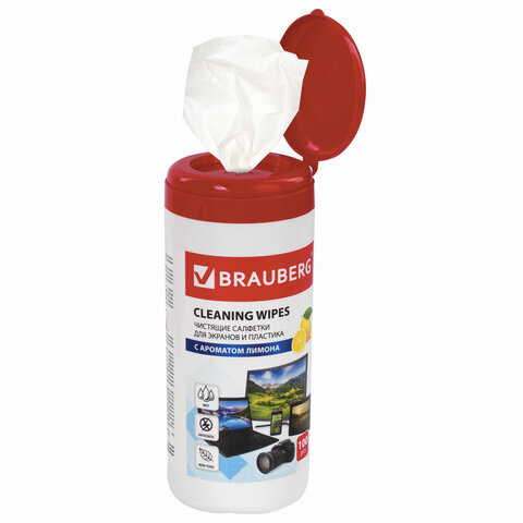 Салфетки влажные для экранов, мониторов и пластика BRAUBERG с ароматом Лимона,100 шт.